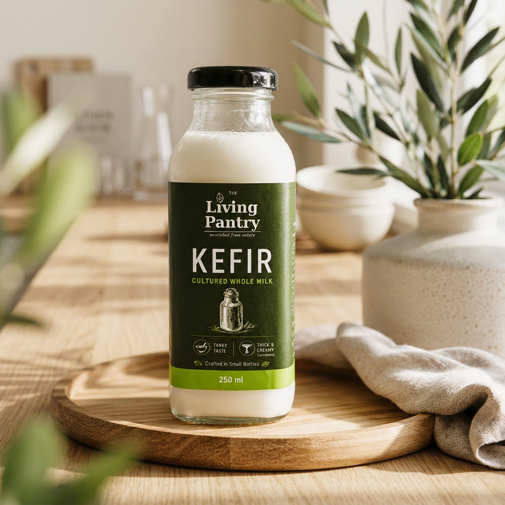 A glass bottle of freshly made LP Kefir beside a ceramic cup on warm linen